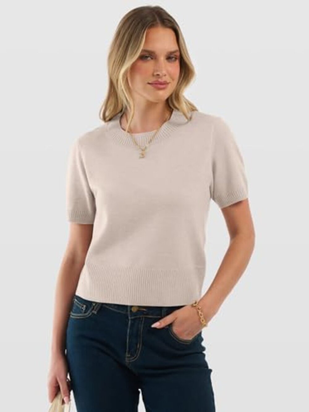 π Womens Short Sleeve Sweaters Cropped Crew Neck Business Casual Lightweight - Picture 6 of 7